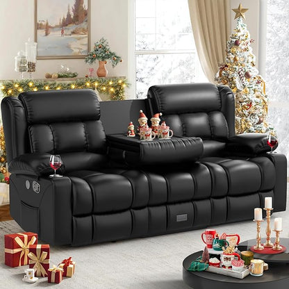 Dresegmt Loveseat Recliner Sofa, Flip Middle Backrest Design PU Leather 3 Seat Reclining Sofa with Storage Drawer, Manual Couch for Living Room/RV (Black, PU)