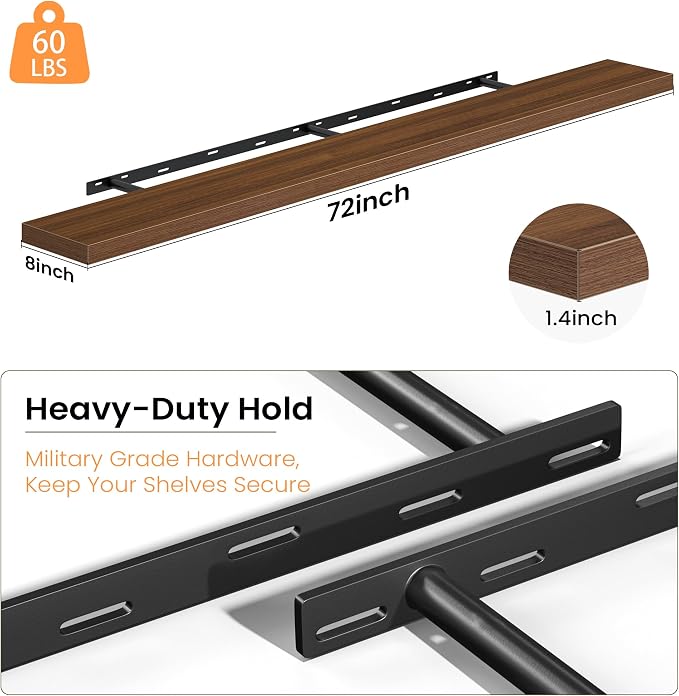 Fun Memories 72 Inch Floating Shelves - Fireplace Mantel Shelf - Deep Wall Mounted Wood Storage Shelf for Bedroom, Kitchen, Farmhouse - 1 Pack, Walnut