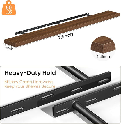 Fun Memories 72 Inch Floating Shelves - Fireplace Mantel Shelf - Deep Wall Mounted Wood Storage Shelf for Bedroom, Kitchen, Farmhouse - 1 Pack, Walnut