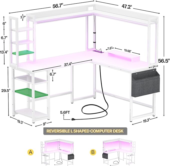 Aheaplus L Shaped Desk with Power Outlet, L Shaped Gaming Desk with Led Light & Hutch, Reversible Home Office Desk, Corner Computer Desk Writing Desk with Monitor Stand & Storage Shelves, White