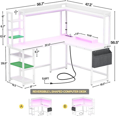 Aheaplus L Shaped Desk with Power Outlet, L Shaped Gaming Desk with Led Light & Hutch, Reversible Home Office Desk, Corner Computer Desk Writing Desk with Monitor Stand & Storage Shelves, White