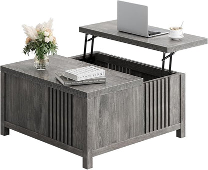 knoworld Farmhouse Lift Top Coffee Table with Storage, 35" Square Large Coffee Table with Hidden Compartment, Rustic Wood Center Table for Living Room, Grey Oak