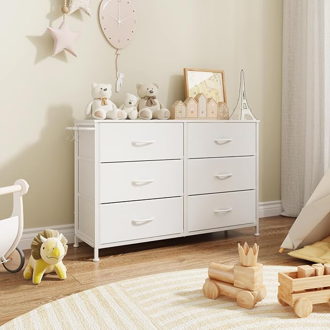 Dresser for Bedroom with 6 Drawers, Small Fabric Dressers for Kids Bedroom, Chest of Drawers, Storage Organizer Dresser for Closet, Nursery, Dorm, Apartment, TV Stand Living Room Wooden Top (White)
