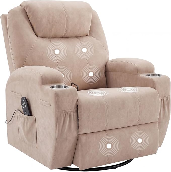 JUMMICO Small Swivel Rocker Recliner, 360 Rocking Chair Recliner with Massage, Upholstered Fabric Rocker Recliner with Cup Holder for Living Room, Bedroom, Nursery (Beige)
