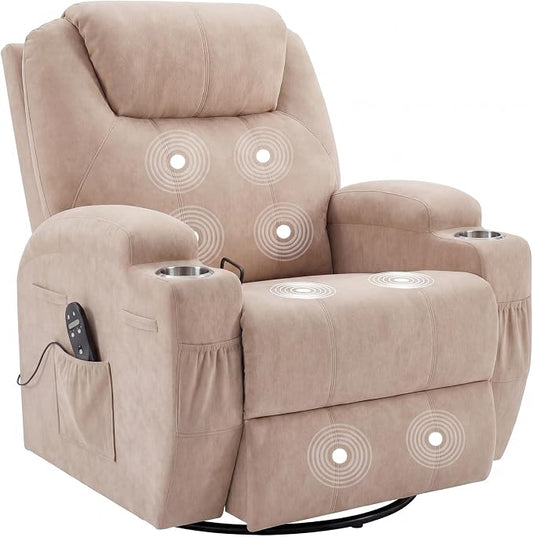 JUMMICO Small Swivel Rocker Recliner, 360 Rocking Chair Recliner with Massage, Upholstered Fabric Rocker Recliner with Cup Holder for Living Room, Bedroom, Nursery (Beige)