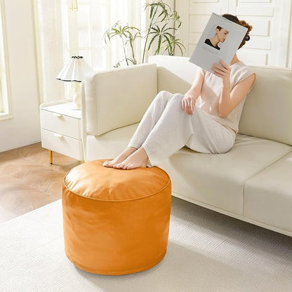 HIGOGOGO Round Stuffed Pouf Ottoman, Pu Leather Poufs with Foam Chunk Filling, Furry and Fluffy Pouf Foot Stool Storage Ottoman, 26 X 18 Floor Poufs Foot Rest for Living Room, Orange
