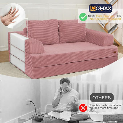COMAX Futon Sofa Bed, Convertible Sofa Bed, Folding Boneless Couches | Boneless Couch for living room, 4‑in‑1 Fold Out Small Foldable Loveseat Floor Sleeper Mattress Lounge Space‑Saving, Pink