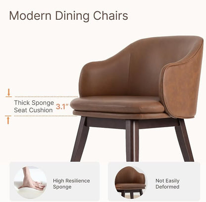 KISLOT Wooden Dining Chairs Set of 2, Faux Leather Barrel Upholstered Modern Dining Room Chairs with Soild Wood Leg & Double-Layer Thick Cushion for Restaurant, Kitchen, Brown