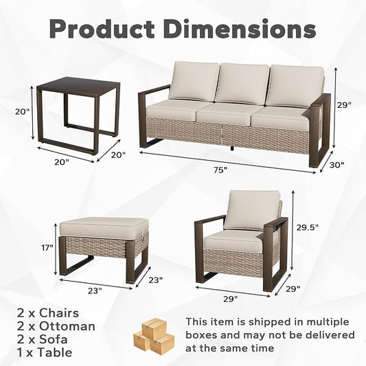 Joyside Outdoor Patio Chairs, 7 Pieces Wicker Rattan Furniture Set, 2 Patio Chairs, 2 Sofa, 2 Ottoman and 1 Table, Metal Wide Armrest, Thick Cushions and Deep Seating for Garden, Backyard, Porch