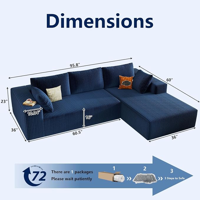 96" Modular Sectional Sofa, Modern Corduroy Cloud Couch with Deep Seat, Boneless Couch Upholstered 3-Seater L-Shaped Sofa for Living Room, No Assembly Required (Blue, Right-Facing Chaise)