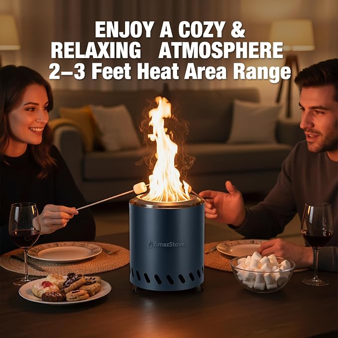 9.7 x 7.1 Inch Tabletop Fire Pit by AmazStove, Low Smoke Camping Stove for Outdoor Safe Burning Firepits, Fueled Pellets or Wood, Travel Bag Included (Slate Blue, 9.7 x 7.1 INCH)