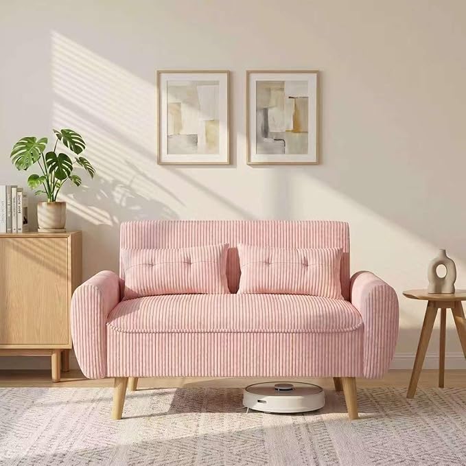 Shintenchi 48'' Loveseat Sofa, Mid-Century Modern Upholstered Couch Deep Seat with 2 Pillows, 10" Thick Cushion with Spring, Solid Wood Frame Small Couch for Living Room, Bedroom, Dorms & Office, Pink