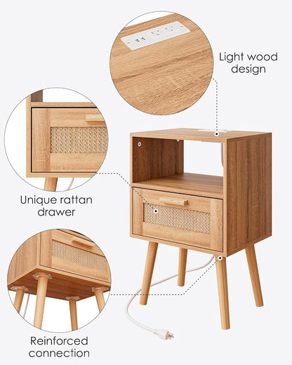 Aienvey Rattan Nightstand with Charging Station, Small Night Stand, Side Table with Drawer Open Shelf, Cane Accent Bedside End Table with Wood Legs, Modern Nightstand for Bedroom, Oak (Modern)