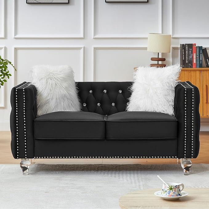 60" Chesterfield Sofa, Velvet Mid-Century Modern Upholstered Loveseat Sofa with 2 Throw Pillows and Acrylic Legs, Nailhead Button Tufted Vintage Couch for Living Room, Apartment, Black