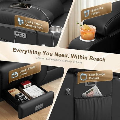 Power RV Loveseat Recliner Sofa, Reclining Loveseat with Flip Back Console, Home Theater Seating with USB Ports, Cup Holders, Wall Hugger Recliners for Movie Room, Black