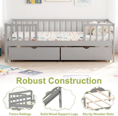 Giantex Full Kids Bed with Storage Drawers, Wood Montessori Bed with Rails & Side Shelf, Low Daybed Bed Frame for Boys Girls, No Box Spring Needed (Grey)