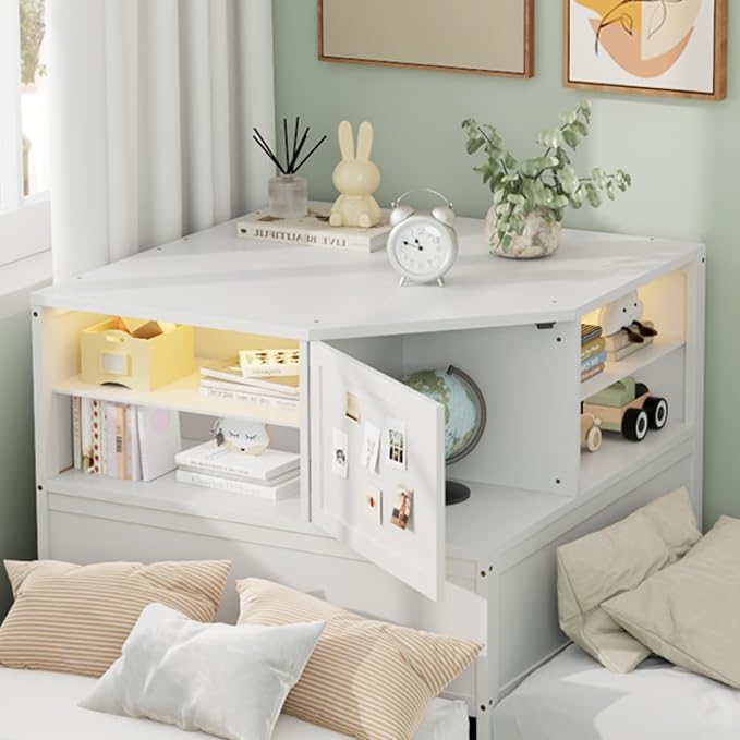 Merax L-Shaped Combination Twin Bed Frame with Trundle,Drawer,Built-in Desk and Led Downlight,3-in-1 Design for Bedroom