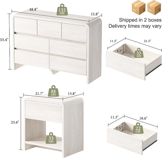 AMERLIFE Modern 3-Piece Bedroom Furniture Set with 7-Drawer Dresser and 2 Nightstands, Large Storage Capacity, Rounded Corners, Flexible Combination Design, Anti-Tip Kit Included, White