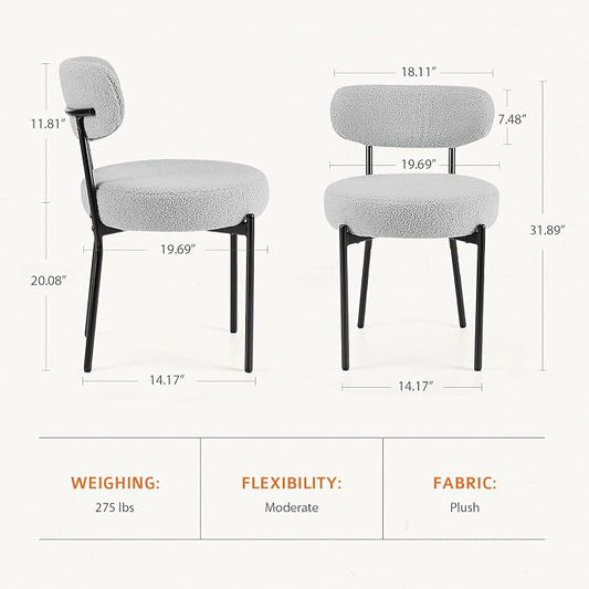 Sweetcrispy Dining Chairs Set of 2, Boucle Upholstered Modern Mid Century Round Kitchen Chairs with Curved Backrest & Metal Legs for Vanity, Living Room - Classic Grey