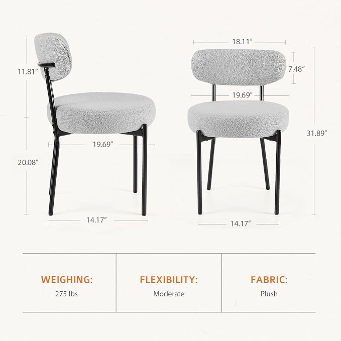 Sweetcrispy Dining Chairs Set of 4, Boucle Upholstered Modern Mid Century Round Kitchen Chairs with Curved Backrest & Metal Legs for Vanity, Living Room - Grey
