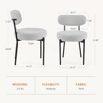 Sweetcrispy Dining Chairs Set of 4, Boucle Upholstered Modern Mid Century Round Kitchen Chairs with Curved Backrest & Metal Legs for Vanity, Living Room - Grey