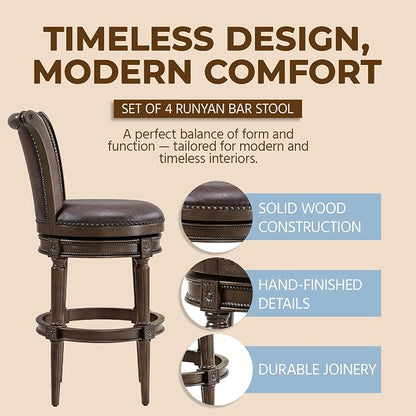 ROME + OAK Set of 4 Runyan 31" Swivel Bar Stool, High Back Barstool in Dark Walnut Finish with Vintage Brown Vegan Leather Seat