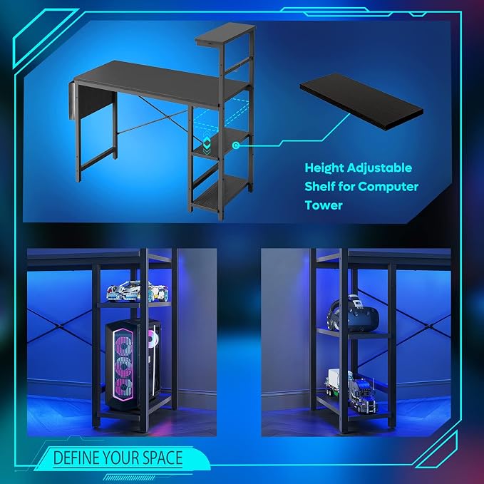 Bestier Gaming Desk with LED Lights, 44 Inch PC Gamer Desk for Small Spaces, Computer Desk with Reversible Storage Shelves & Side Storage Bag (Black Grained)