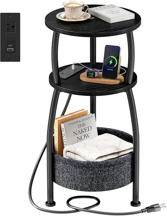 Round Side Table with Power Outlets, Small Coffee Table with S Basket, Space Saving End Table 3-Tier Bedside Corner Table Stand for Living Room, Bedroom, Garden 11.8in Classic Black
