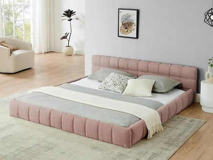 KEIKI King Thick Chenille Platform Bed Frame with Upholstered Tufted Headboard, Modern Solid Wood Floor Platform for Bedroom, No Box Spring Needed