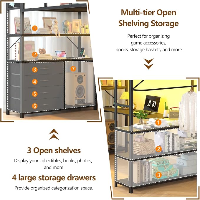 Loft Bed Twin Size with Storage Upholstered Headboard, Black Twin Loft Bed Frame with U-Shaped Desk & LED Lights, Bunk Loft Beds with Power Outlet, Loft Beds with 4 Storage Drawers, Guard & Ladder