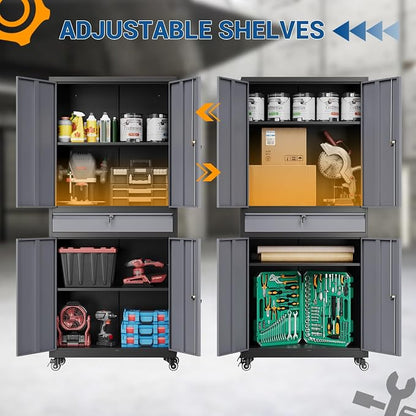 Fesbos 73" Metal Cabinet-Black&Gray Heavy Duty Rolling Storage Cabinet Steel Tool Cabinets with Wheels, Shelves, Lockable Doors and Drawers- for Garage, Pantry, Warehouse - Assembly Required