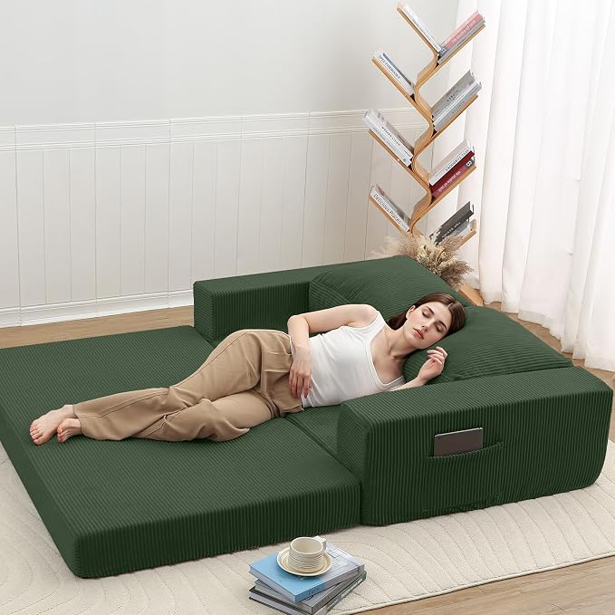 COMAX Futon Sofa Bed, Convertible Sofa Bed, Folding Boneless Couches | Boneless Couch for living room, 4‑in‑1 Fold Out Small Foldable Loveseat Floor Sleeper Mattress Lounge Space‑Saving, Green