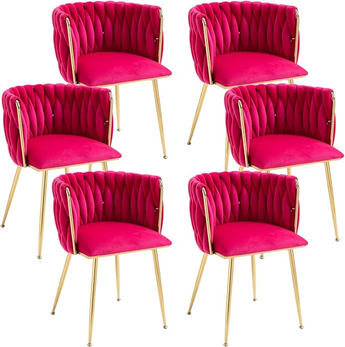Velvet Dining Chairs Set of 6, Modern Dining Chair with Gold Metal Legs, Woven Upholstered Dining Chairs for Dining Room, Kitchen, Vanity, Living Room (Rose Red)