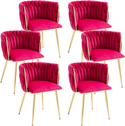 Velvet Dining Chairs Set of 6, Modern Dining Chair with Gold Metal Legs, Woven Upholstered Dining Chairs for Dining Room, Kitchen, Vanity, Living Room (Rose Red)