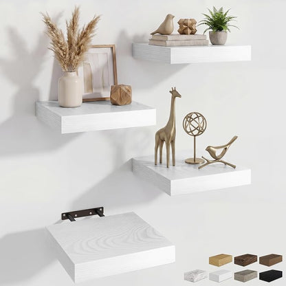 RICHFOCUS 8 Inch Floating Shelves for Wall Small Square Shelves Set for Bedroom|Kitchen|Bathroom|Laundry Room Rustic Wood Wall Mounted Shelf with Invisible Brackets for Books|Storage|Decor, White