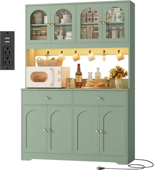 HIFIT 71" LED Kitchen Pantry Cabinet with Power Outlet, Large Kitchen Hutch Cabinet with 2 Storage Drawers & Arched Door, Countertop & Hooks, Tall China Bar for Dining Living Room (Green)
