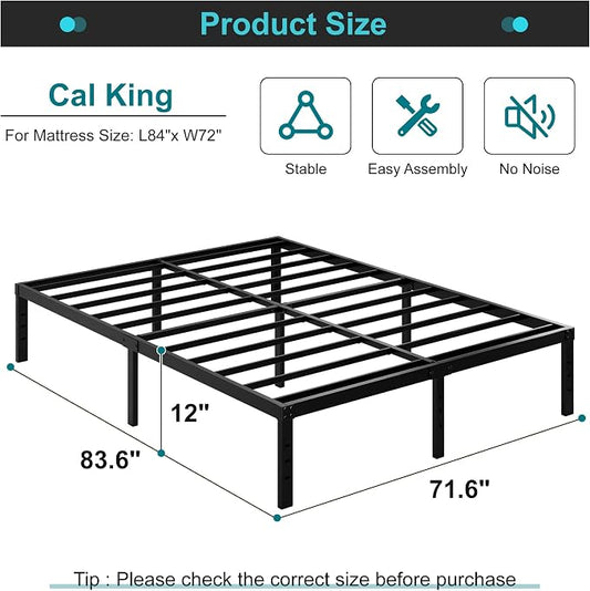 Maenizi 12 Inch Cal King Bed Frame No Box Spring Needed, Heavy Duty California King Metal Platform Support Up to 3000 lbs with Steel Slat, Easy Assembly, Noise Free, Black