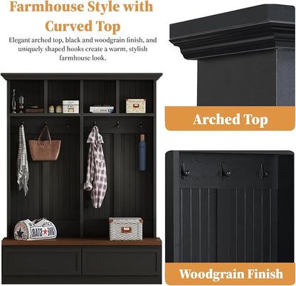 55.9" W Hall Tree with Bench and Shoe Storage,Shoe and Coat Rack with Drawer and Hooks,Farmhouse Furniture for Entryway,Mudroom,Living Room,Black