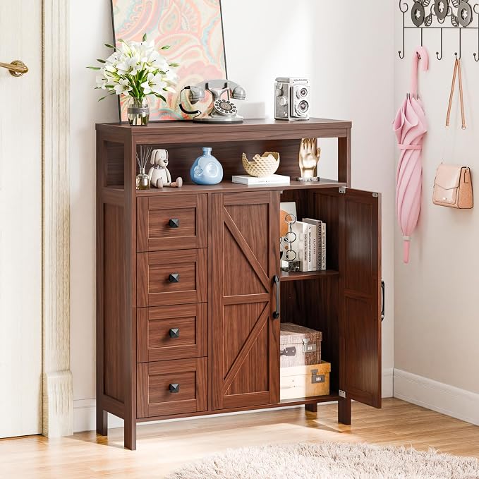 Vabches Farmhouse Storage Cabinet with 2 Doors and 4 Drawers, Freestanding Bathroom Compartment Kitchen Pantry Cabinet, Floor Cupboard for Kitchen/Living Room/Bathroom,Walnut