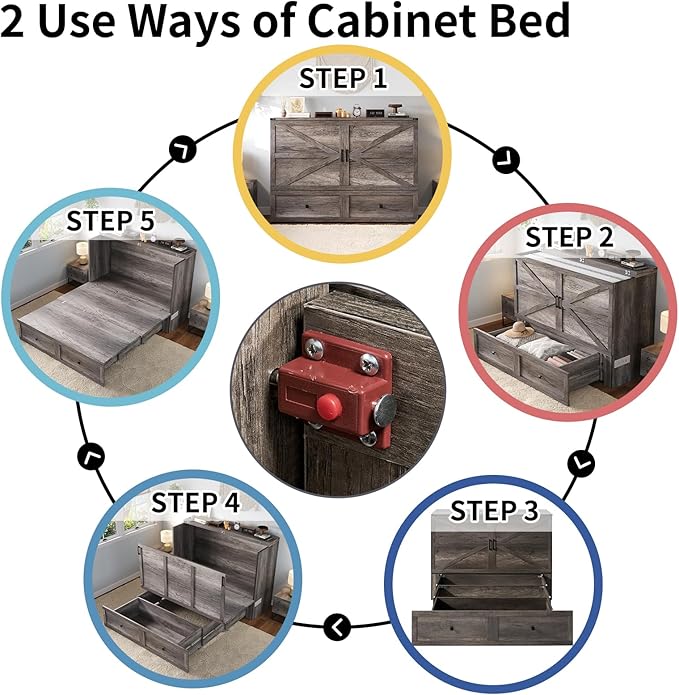 LUXOAK Murphy Bed Queen Size, Cabinet Bed with Charging Station Large Storage Drawer for Home Office or Small Room, Hideaway Bed Full Foldable Platform Bed, Rustic Grey