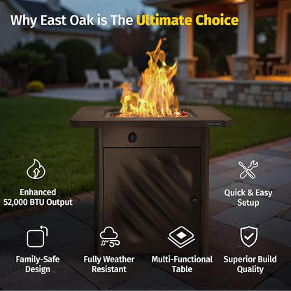 East Oak 28” Outdoor Propane Fire Pit Table | 52,000 BTU Gas Fire Pit for 2-4 People with Space-Saving Hock Lid, Mesh Pocket & Lava Rocks | CSA Certified Safe for Patio, Deck, Backyard, Brown