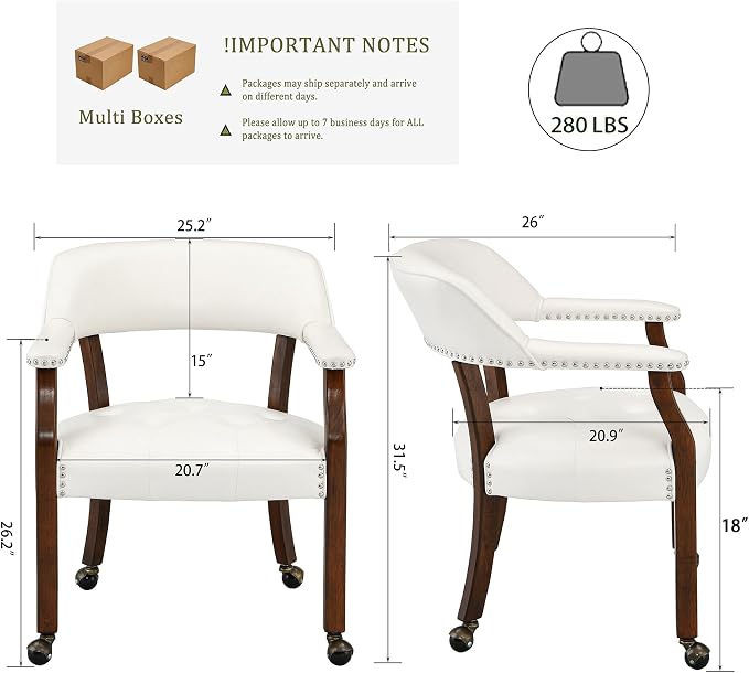 LEEMTORIG Set of 2 Large Dining Chairs with Casters and Arms, Rolling Dining Chairs with Wheels, Poker Chairs, Solid Wood Boss Caption's Chairs, 26"D x 25.2"W x 31.5"H, Cherry Legs & Ivory, SY-1533-WT