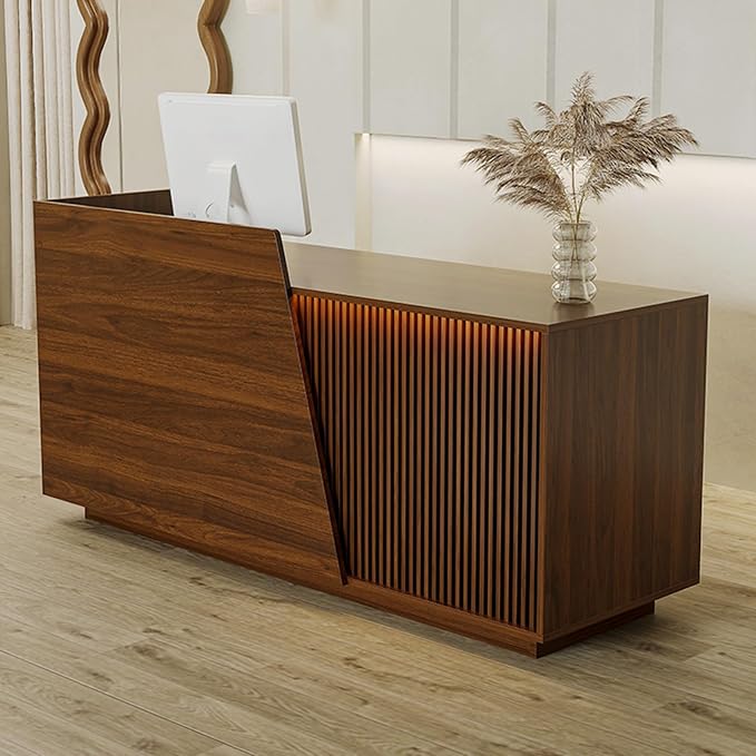 Reception Desk with Counter, Modern Reception Desk with Drawers & 2 Storage Cabinets & 3 Storage Compartments, Front Desks Reception Counter for Salon/Office/Store (Walnut-Right, 63inch/160cm)