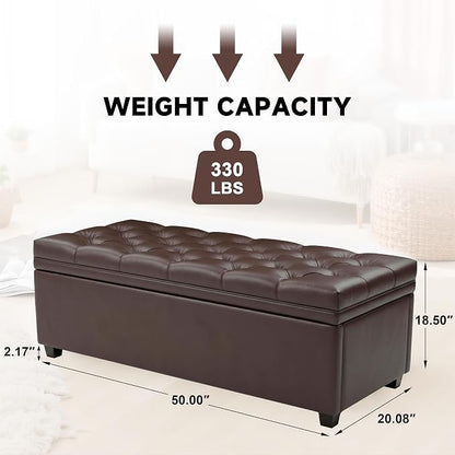 Mangodan Storage Ottoman Bench, Tufted Ottoman with Storage for Living Room, Large End of Bed Ottomans, Modern Entryway Benchs (Faux Leather Dark Brown, 50 Inch)