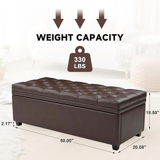 Mangodan Storage Ottoman Bench, Tufted Ottoman with Storage for Living Room, Large End of Bed Ottomans, Modern Entryway Benchs (Faux Leather Dark Brown, 50 Inch)