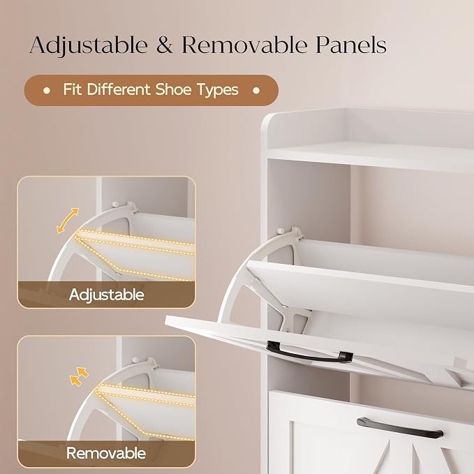 MU Shoe Storage Cabinet with 4 Flip Drawers, Freestanding Shoe Cabinet, Slim Shoe Organizer with Wood Legs for Entryway, White