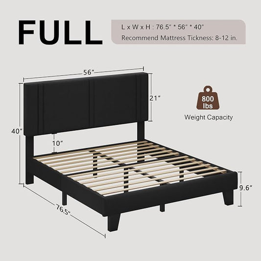 Einhomn Upholstered Full Size Bed Frame with Linen Fabric Headboard, Strong Wooden Slats Support, Noise Free, No Box Spring Needed, Black