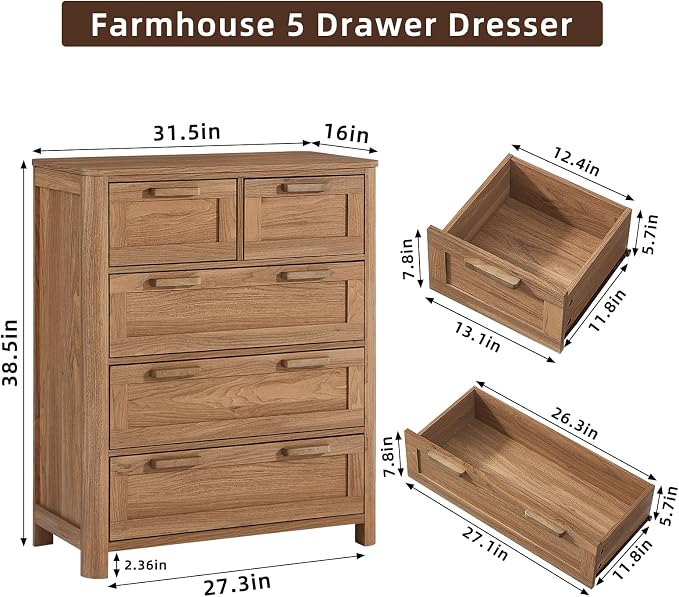 Joaxswe Farmhouse 5 Drawer Dresser for Bedroom, Vertical Dressers Chest of Drawers with 5 Deep Drawers & 4 Thickened Table Legs & Rounded Corners, Brown