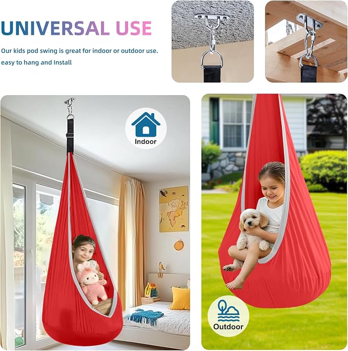 Kids Swing Seat Hammock Chair Indoor Outdoor Hanging Chair for Children,Soft & Safe with High Weight Capacity, Easy Install Perfect for Bedroom, Garden, Playroom (Red)