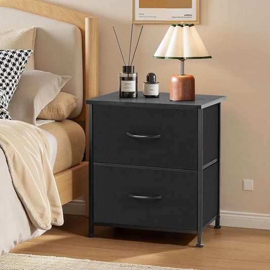 Nightstand Upgraded, Small 2 Drawer Dresser End Table Bedside Furniture, Wooden Top Fabric Bins for Bedroom, Closet, Entryway, Dorm, 11.8" D x 18" W x 20", Black